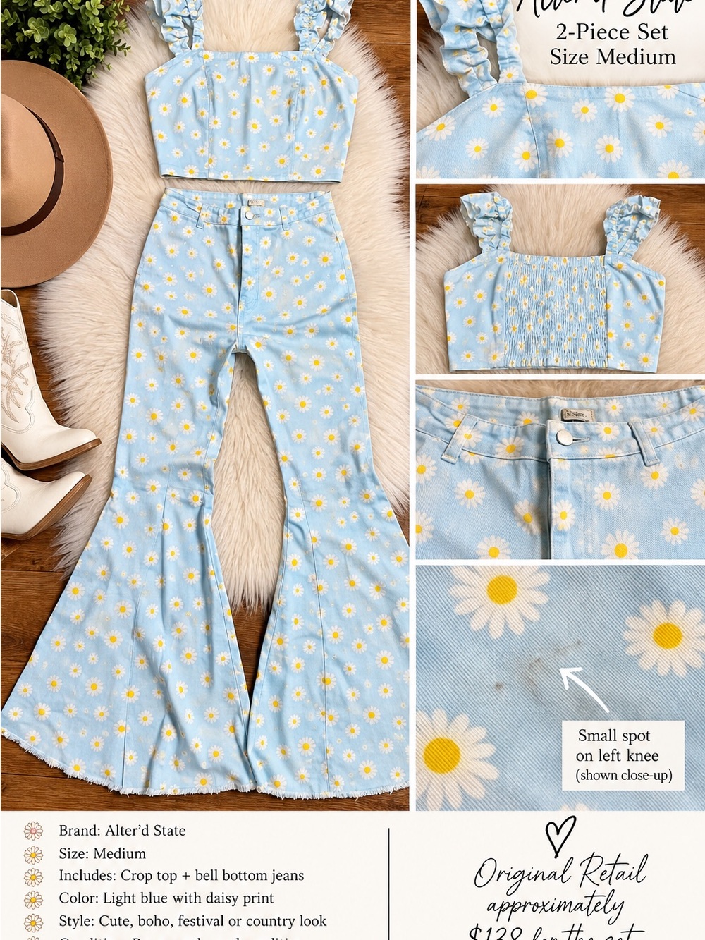 Alter’d State Daisy Crop Top & Bell Bottom Set Medium